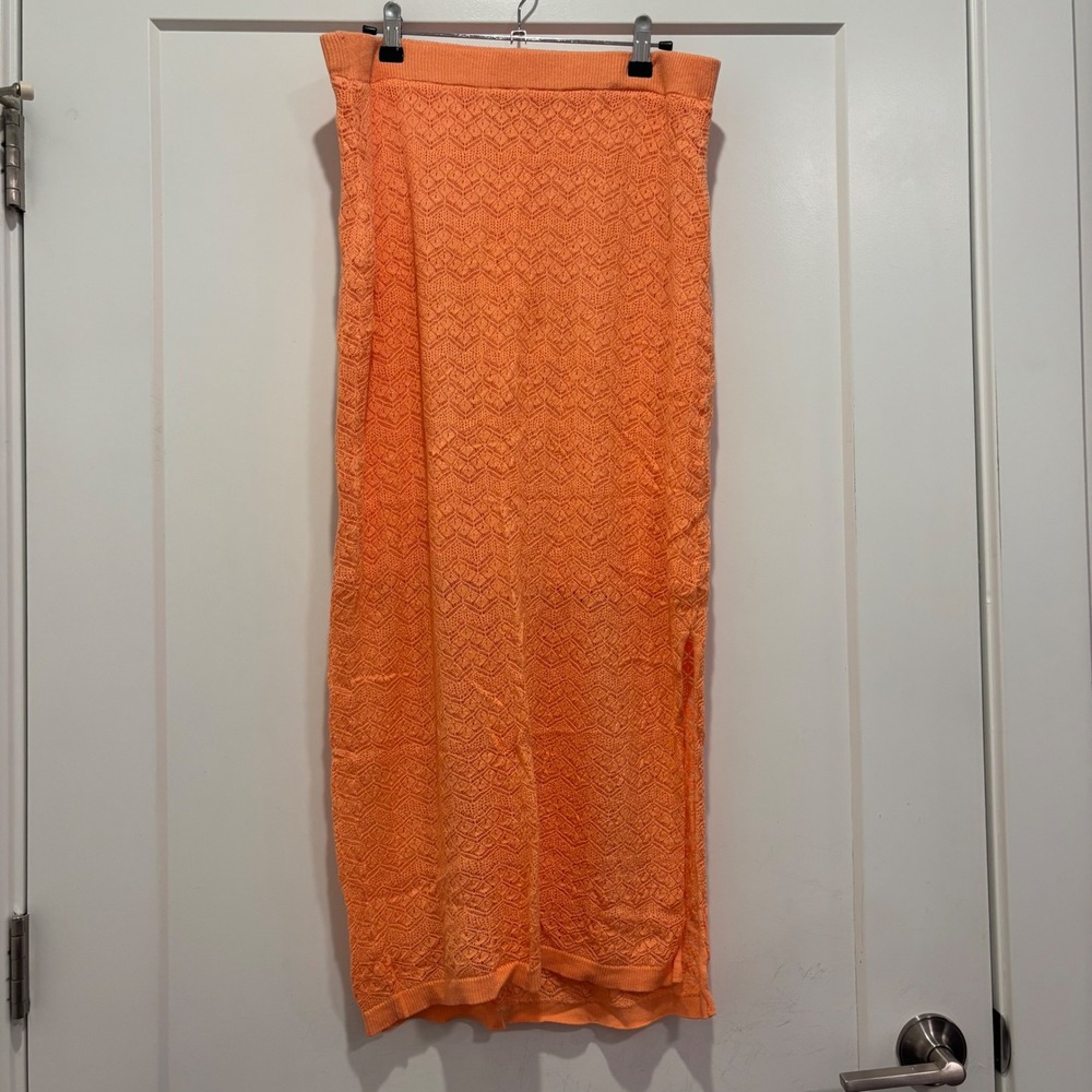 House of Harlow 1960 Orange Pointelle Knit Midi Skirt Size Medium Side Slit
